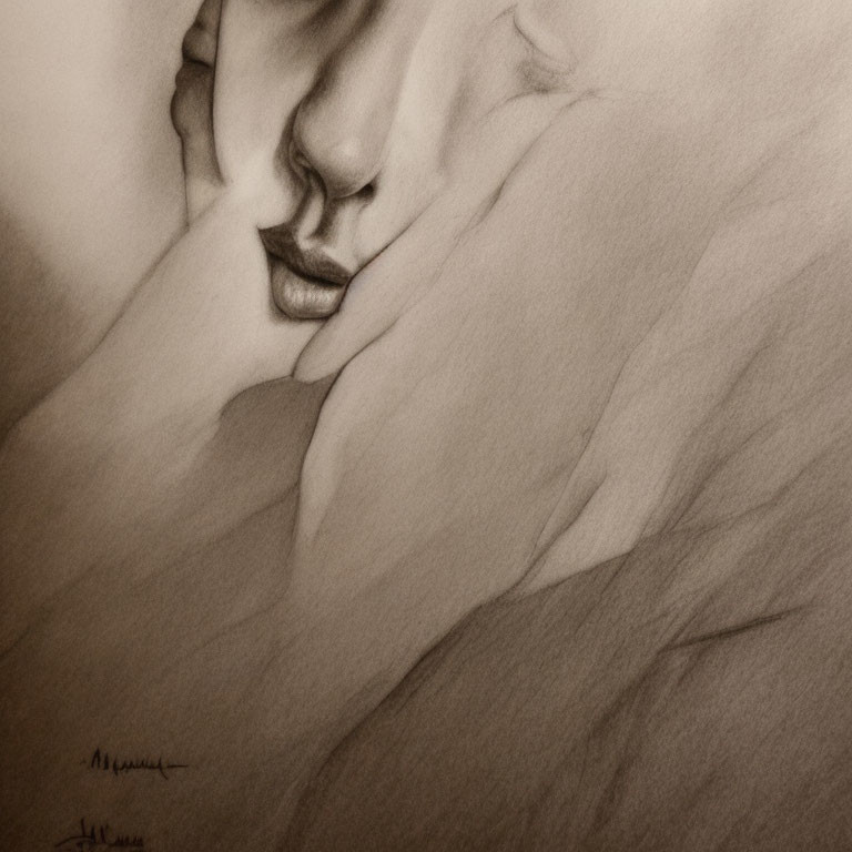 Detailed pencil sketch of serene face with covered hand highlighting lips, nose, and fingers.