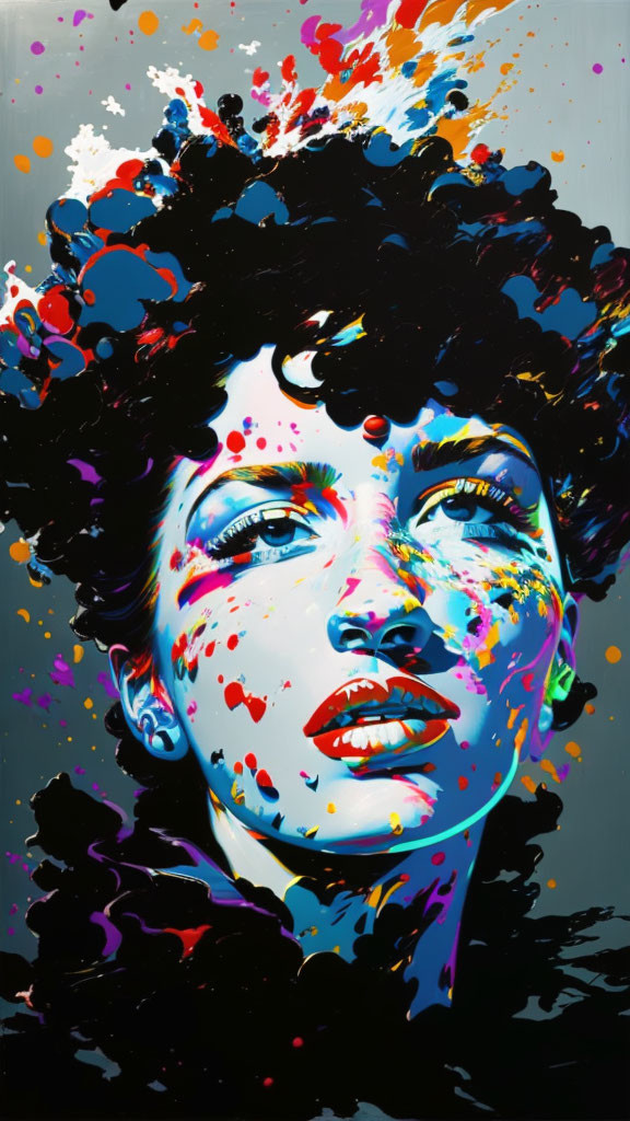 Colorful Paint Splatter Portrait of Woman on Dark Background