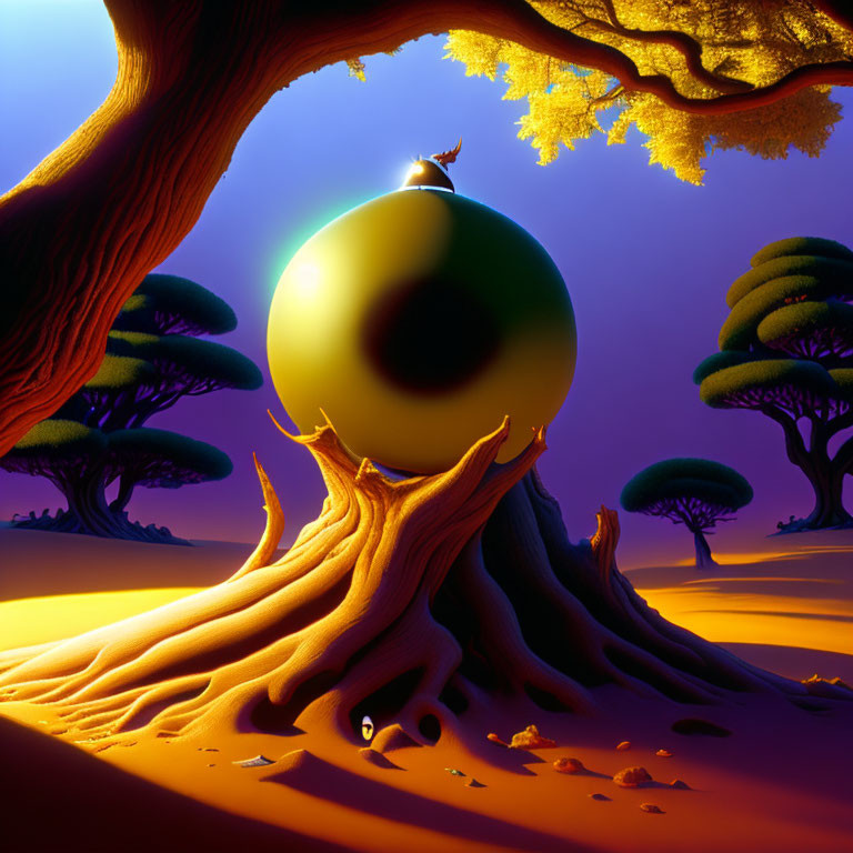 Surreal twilight landscape with glossy sphere and vibrant tree roots