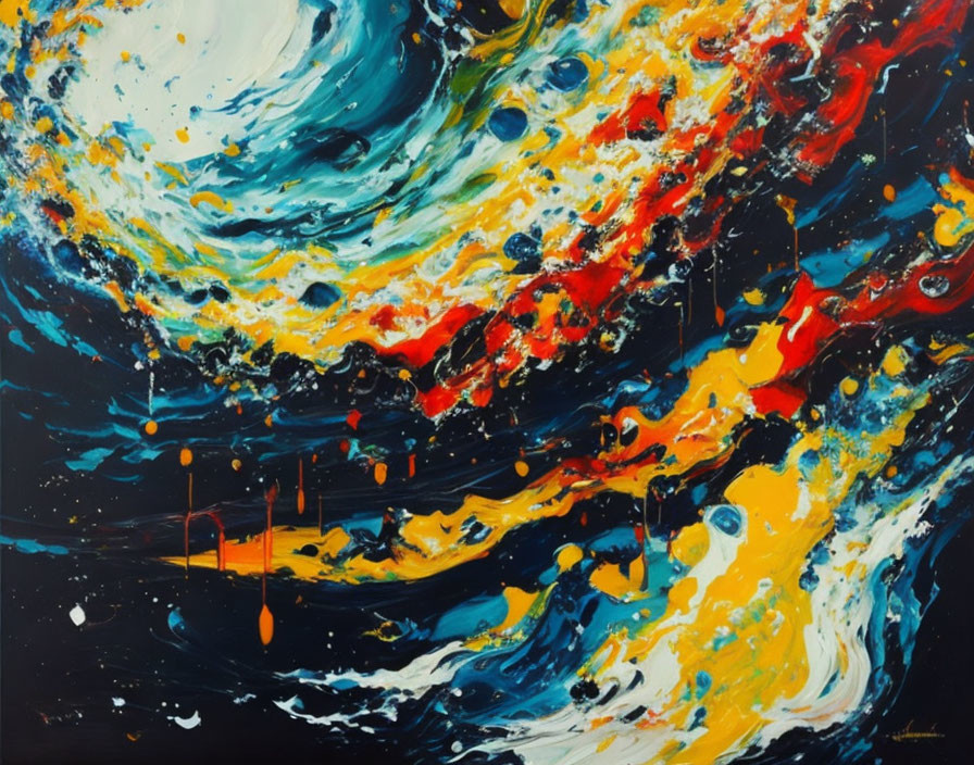 Colorful Abstract Painting with Swirling Blue, Yellow, Red, and White Patterns