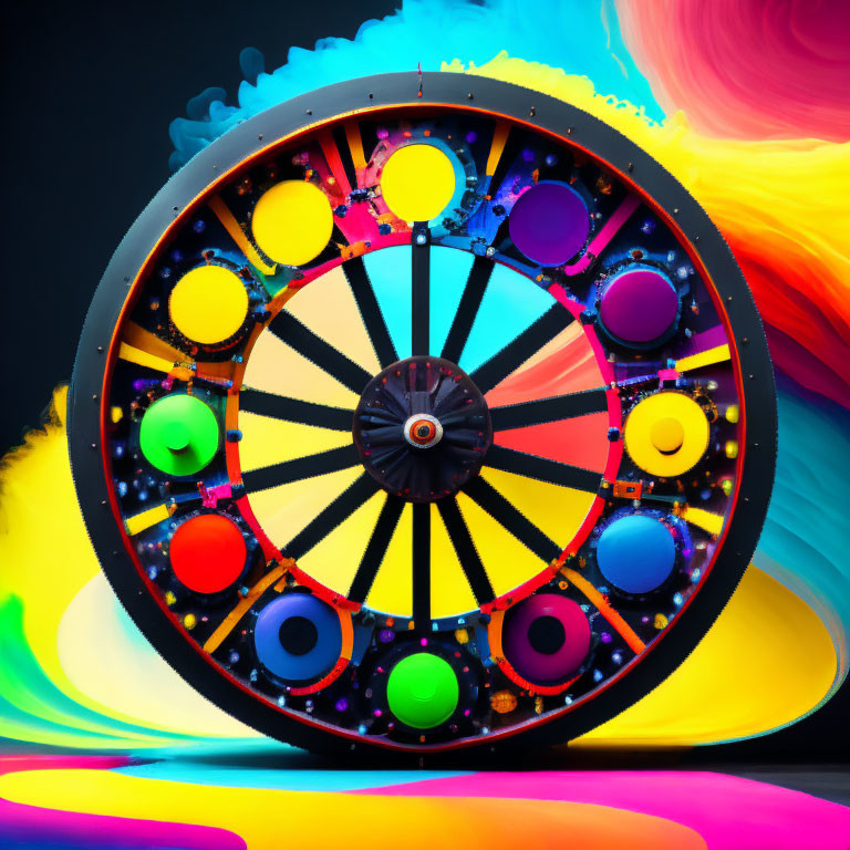 Vibrant spinning wheel with colorful paint splashes on black background