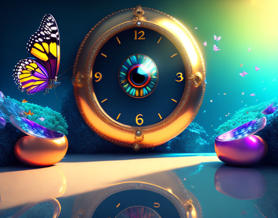 Surreal image: Large eye in golden clock, butterfly, iridescent bowls, colorful liquid