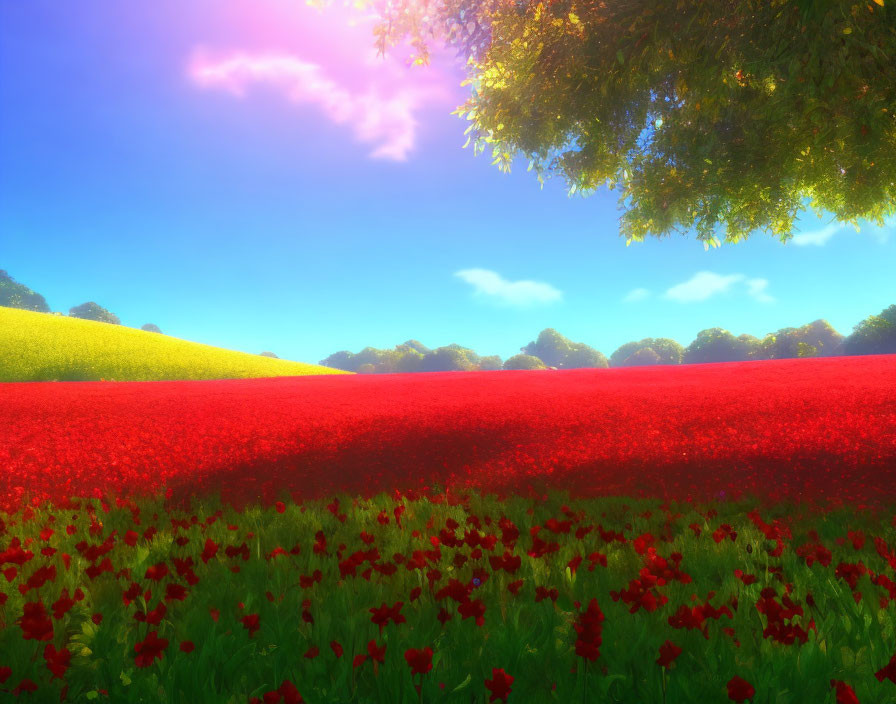 Colorful red poppy fields under blue sky with green trees and yellow hillside.