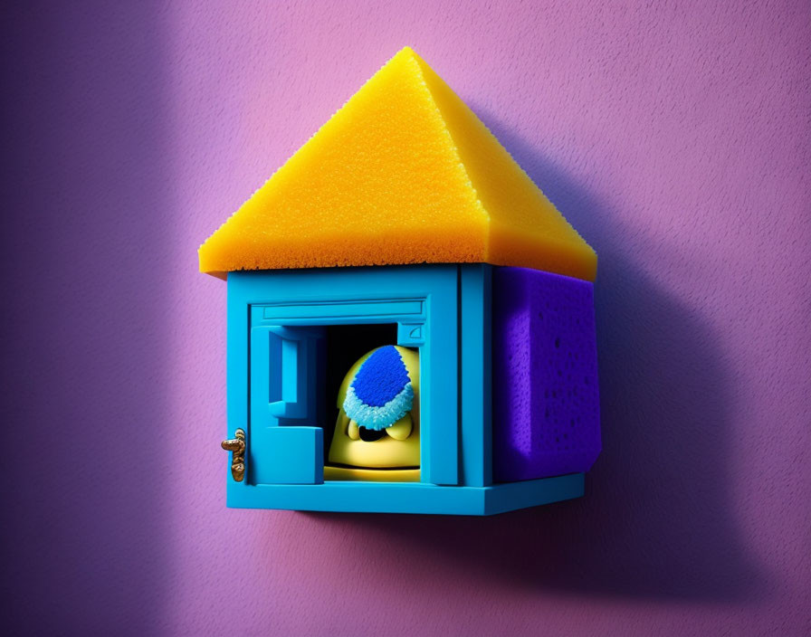 Miniature 3D house made of cleaning sponges with blue door and window