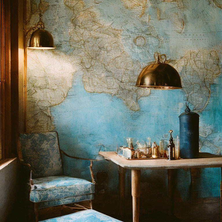 Vintage chair, wooden table, glassware, metal canister, warm light, large map wall display