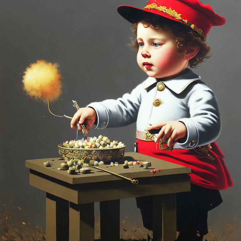 Toddler in Vintage Uniform Lighting Sparklers in Popcorn Bowl