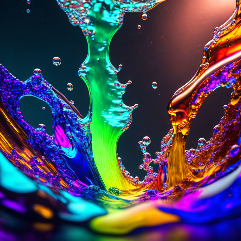 Vibrant liquid splashes in green, blue, purple, and orange on dark backdrop