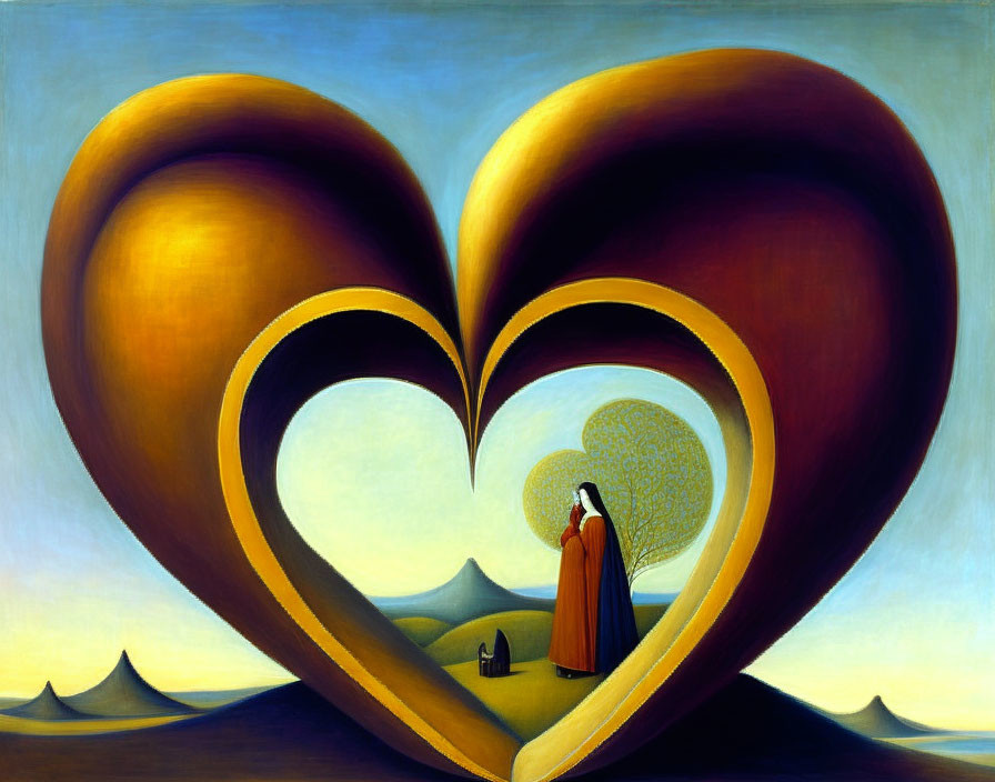 Surreal painting of person in desert with golden heart frame