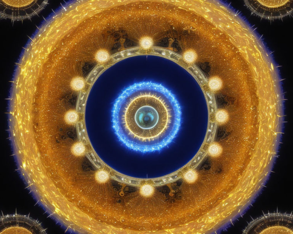 Symmetrical Blue and Gold Fractal Image with Radiating Circular Patterns