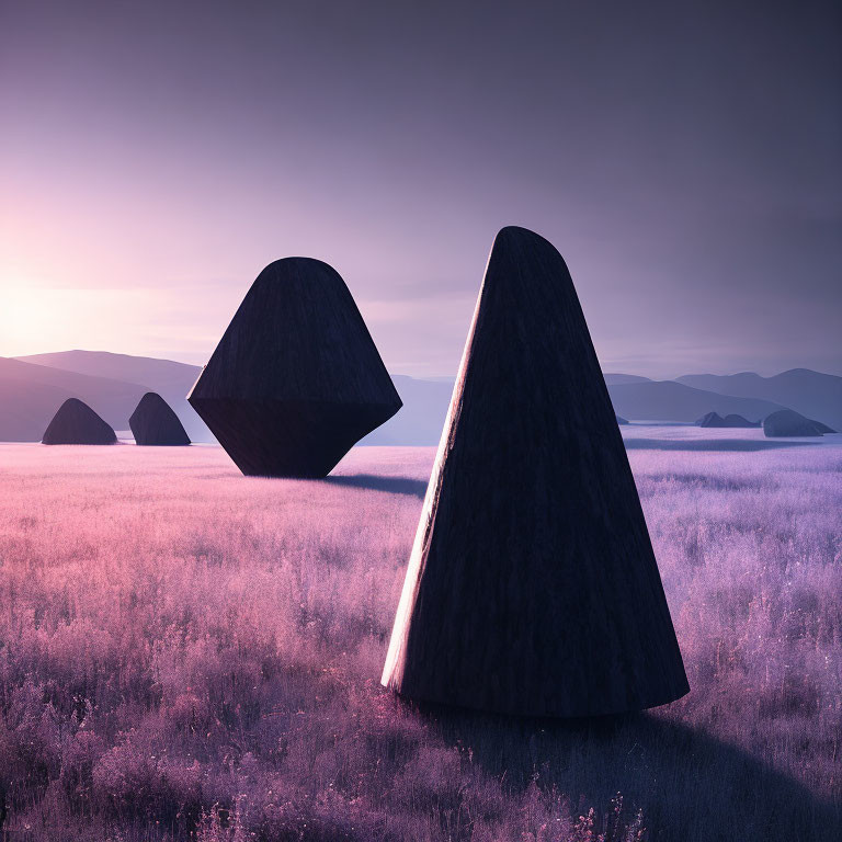 Surreal landscape with geometric stone-like shapes in purple field at sunrise