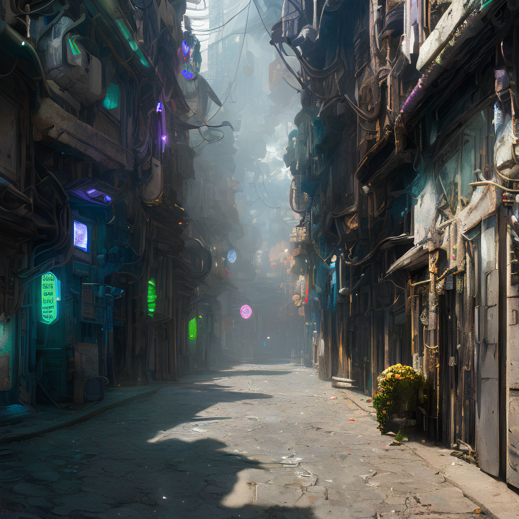 Urban alley scene with high-rise buildings, cables, neon signs, and sunlight.