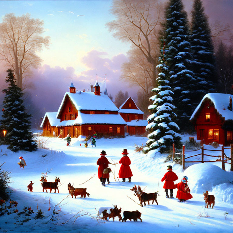 Winter Holiday Scene: People and Dogs in Snowy Village Forest