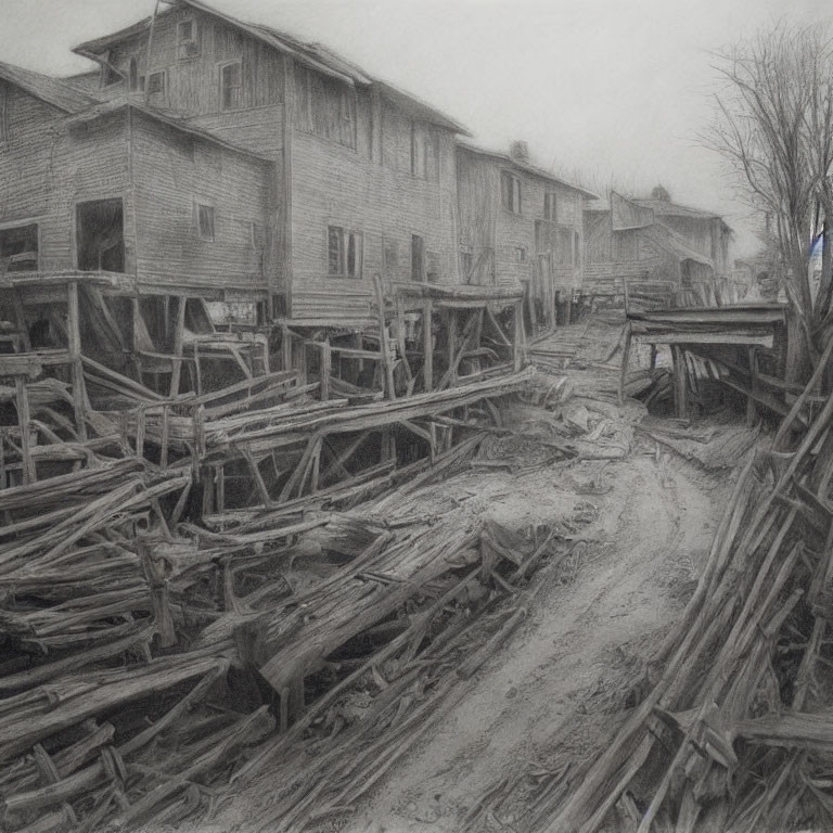 Grayscale sketch of dilapidated wooden housing structure with debris and broken boardwalks