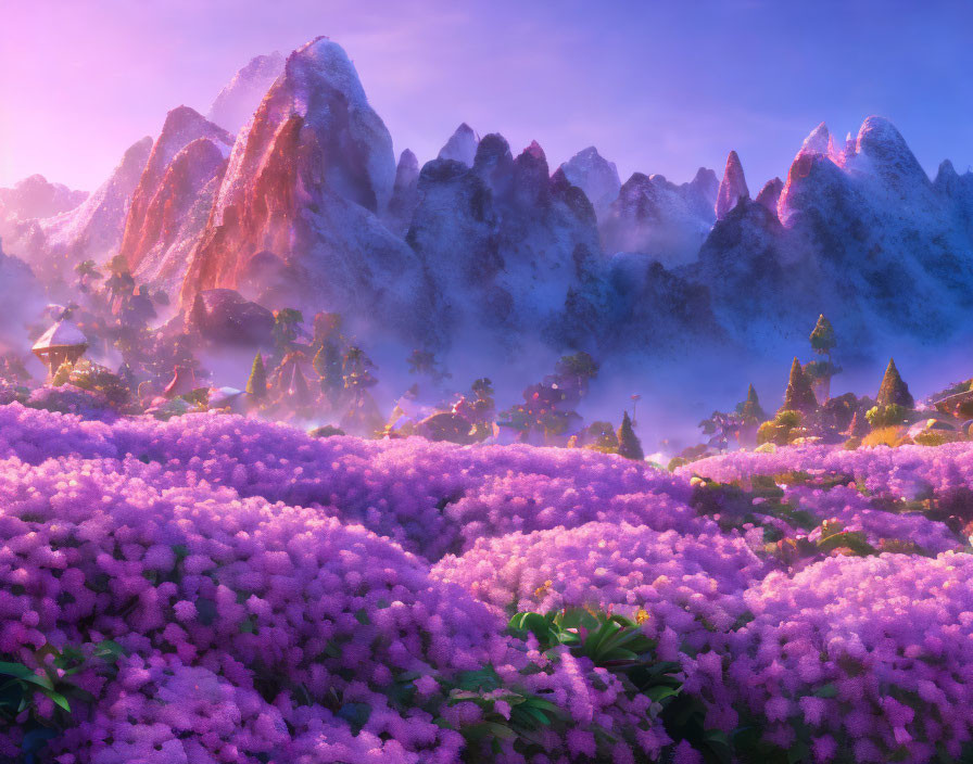 Surreal landscape with purple flowers and snow-capped peaks