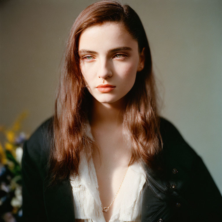 Portrait of woman with long brown hair and green eyes in black jacket and cream blouse.