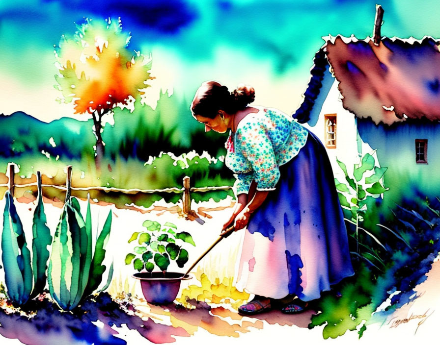 Traditional woman watering plants in colorful garden with cottage