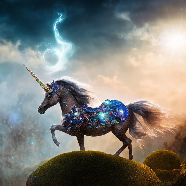 Majestic unicorn with cosmic pattern and golden horn galloping under dramatic sky