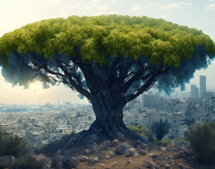 Verdant tree with broad canopy overlooking cityscape