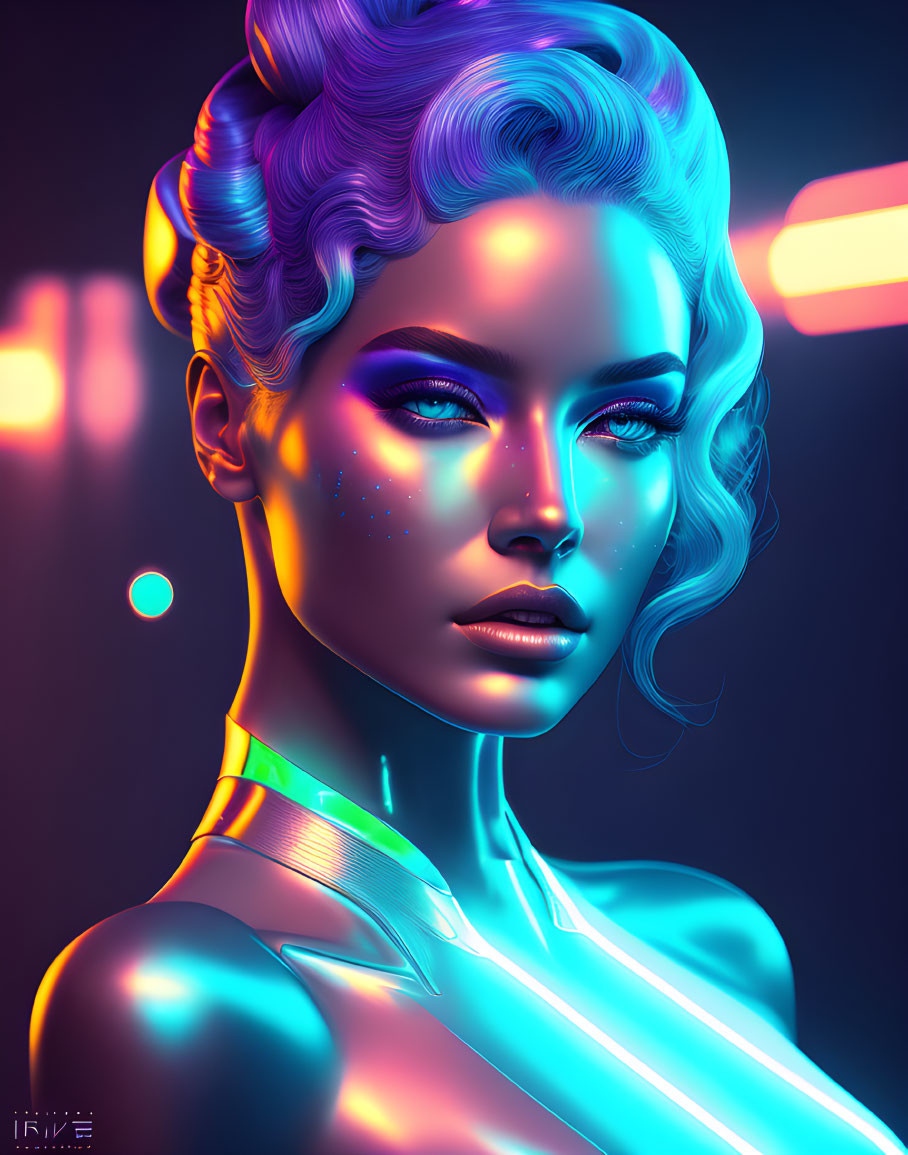 Digital artwork: Woman with glowing blue skin and neon lights in futuristic style on dark background