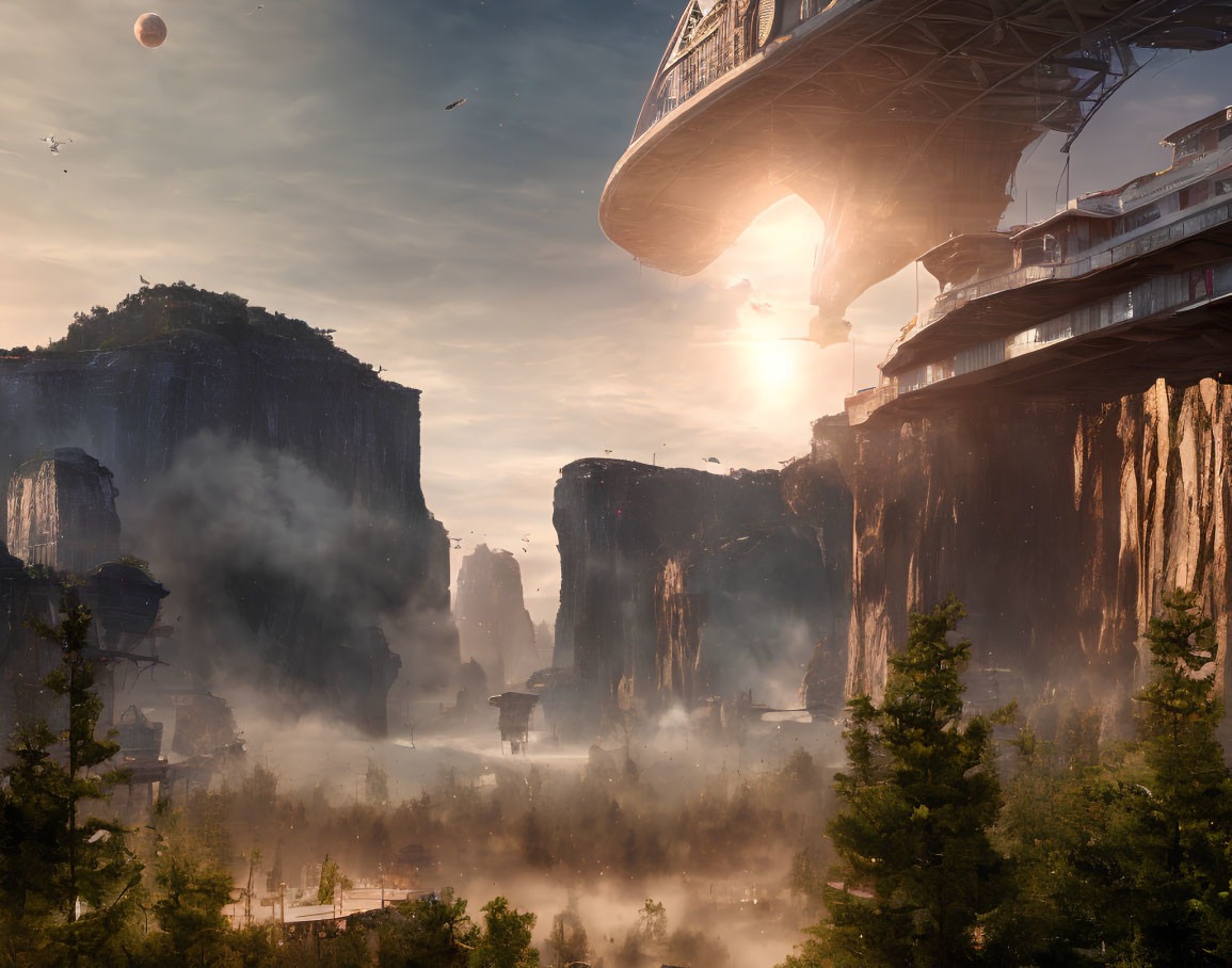 Futuristic cityscape with cliffs, misty valleys, and advanced structure under setting sun.