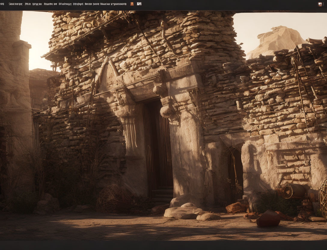 Rustic stone building with wooden door and desert plants under warm light