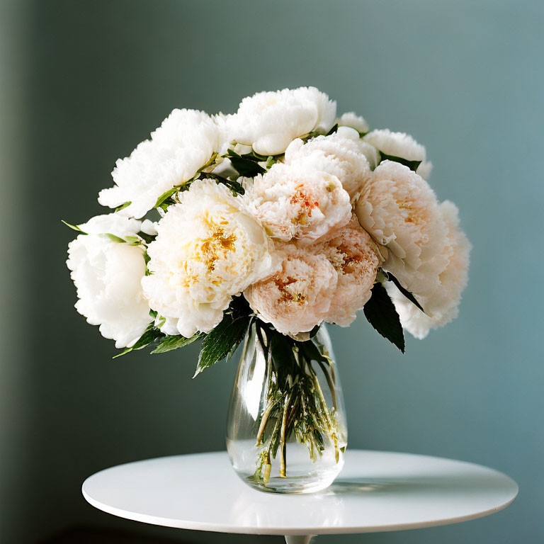 Lush white and pale pink peonies in vase on white table, teal background