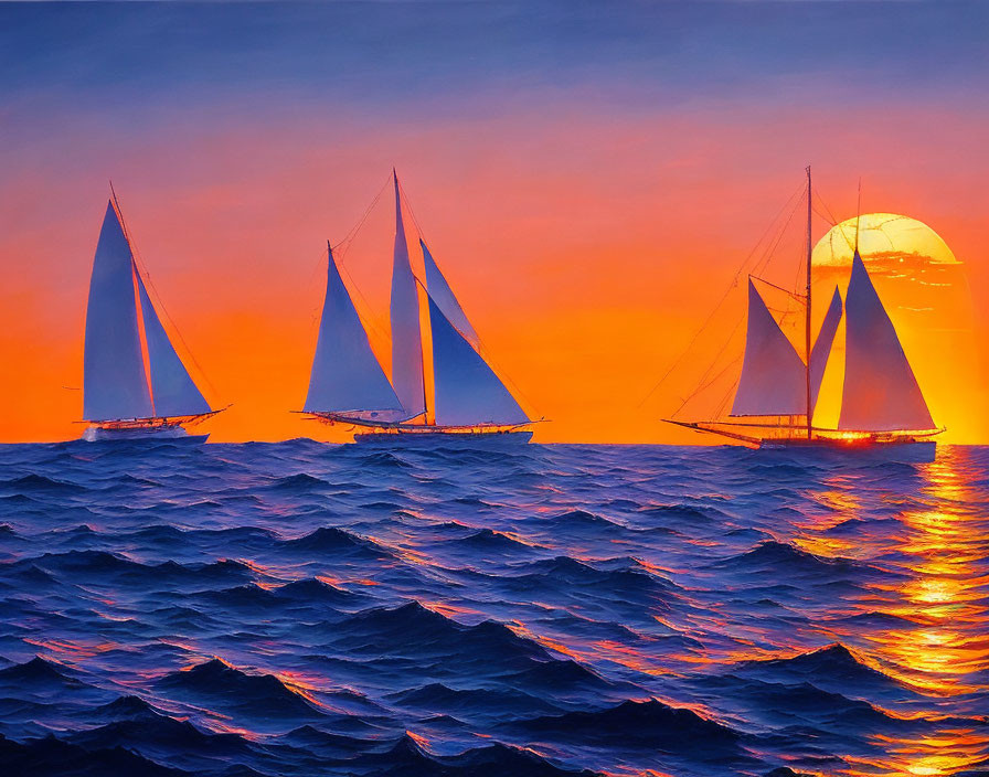 Sunset seascape with four sailboats under orange sun