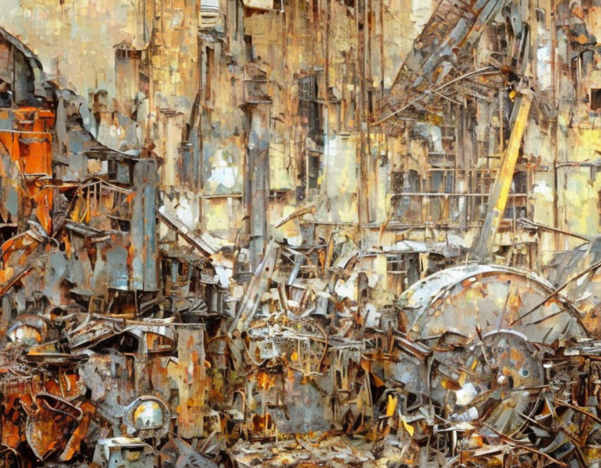Chaotic industrial decay scene with rust and wreckage