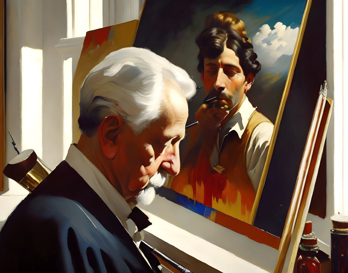 Elderly artist painting portrait of young man reflected in mirror