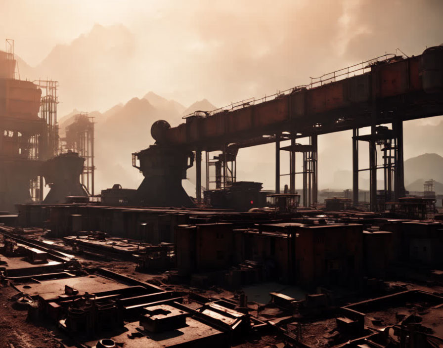 Dilapidated industrial landscape with rugged mountains and hazy sky