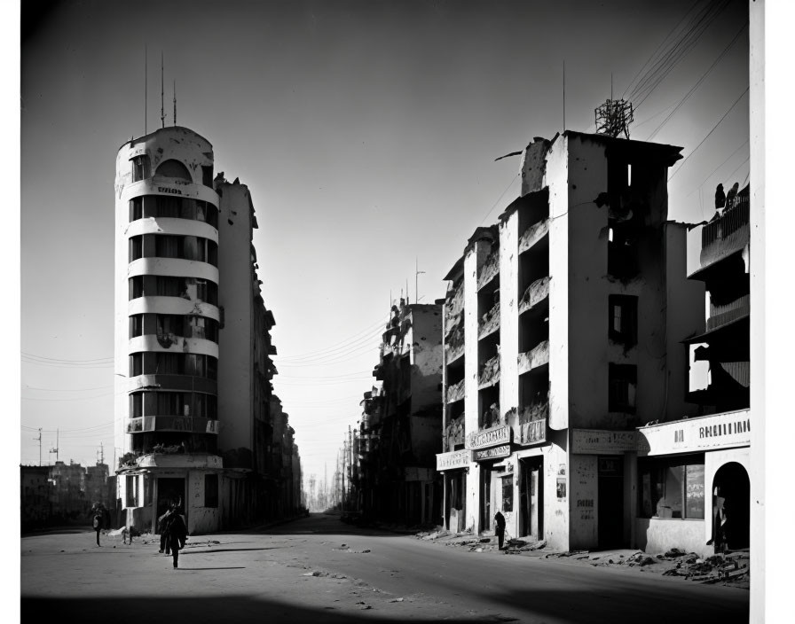 Monochrome urban street scene with pedestrians and mid-rise buildings