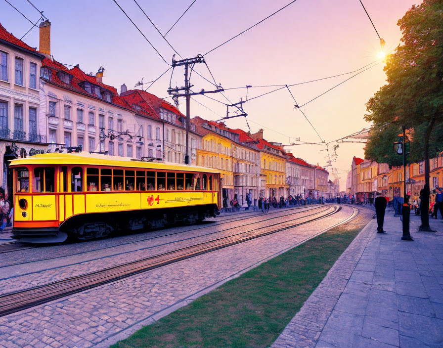 Vintage Yellow Tram in City Street at Sunset