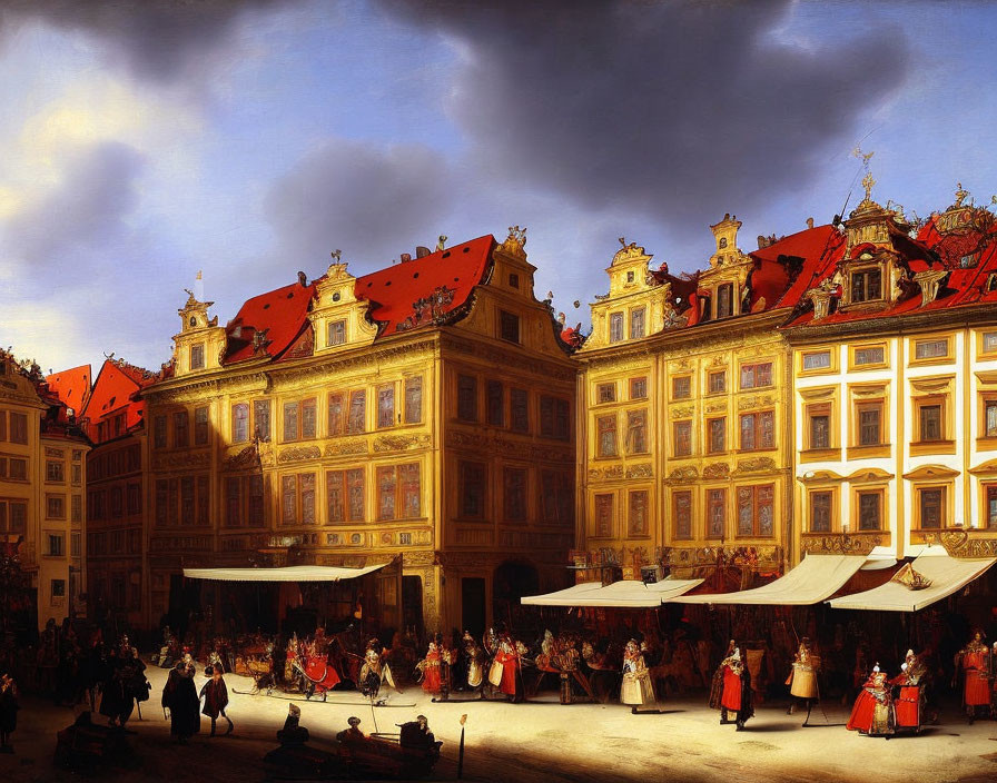 Baroque-style European square with vibrant red rooftops and bustling crowd