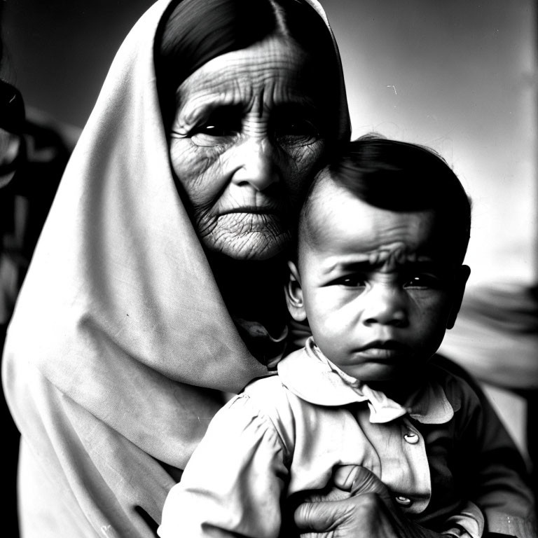 Elderly woman with headscarf holding young child with furrowed brow