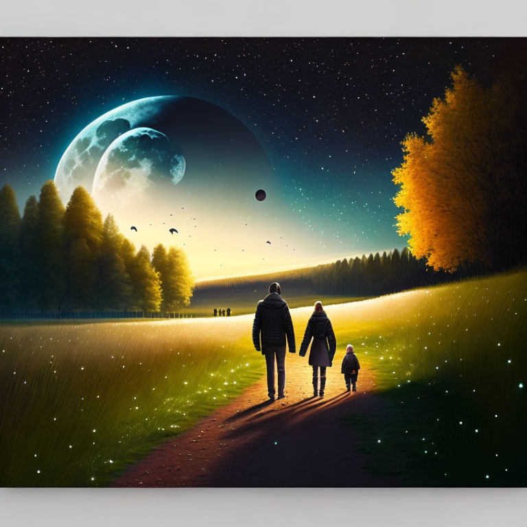 Man and child walking in field under starry sky with celestial bodies