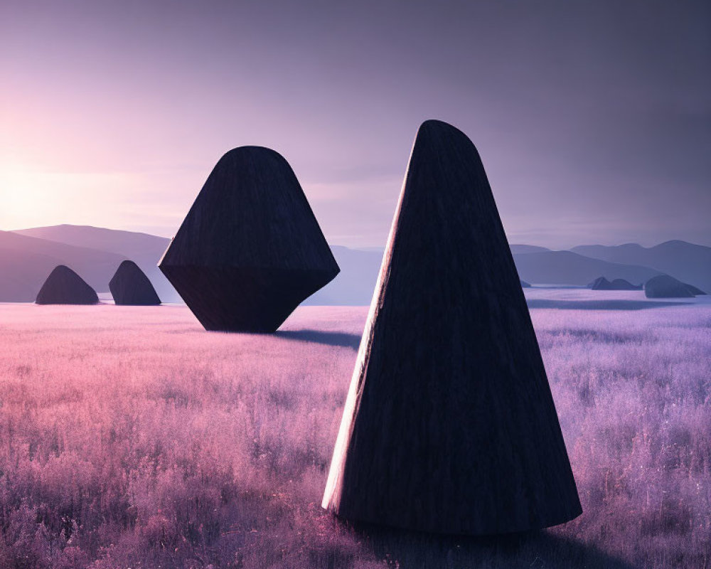 Surreal landscape with geometric stone-like shapes in purple field at sunrise