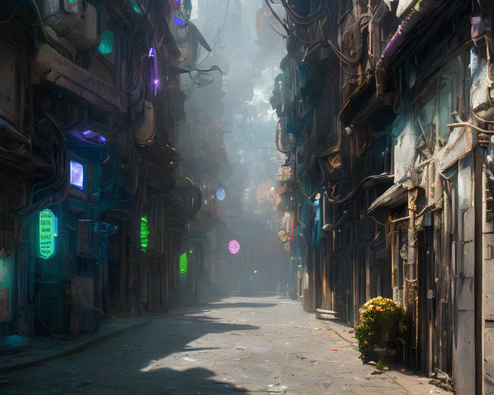 Urban alley scene with high-rise buildings, cables, neon signs, and sunlight.