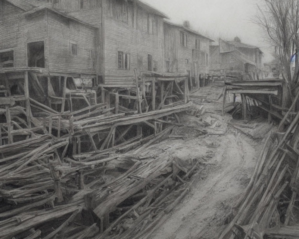 Grayscale sketch of dilapidated wooden housing structure with debris and broken boardwalks