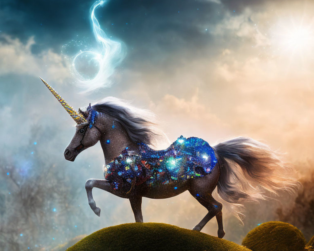 Majestic unicorn with cosmic pattern and golden horn galloping under dramatic sky