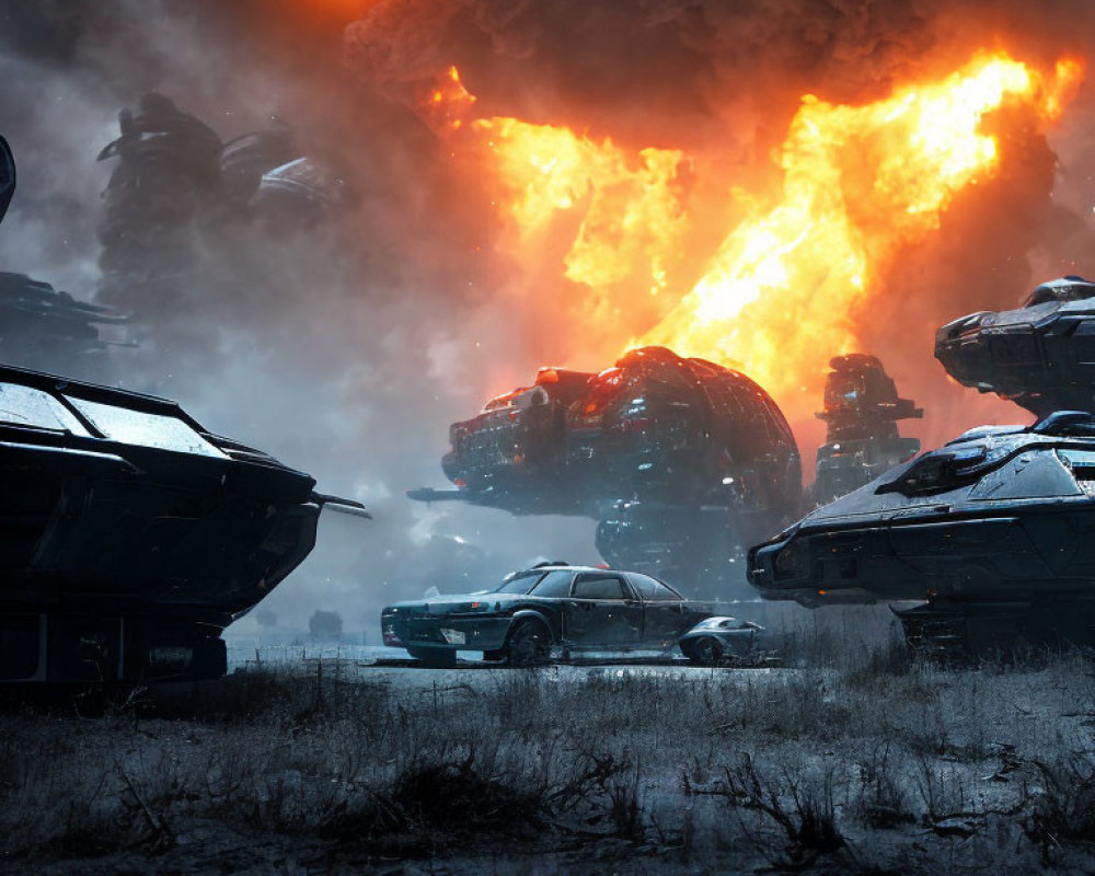 Futuristic vehicles in dramatic explosion scene