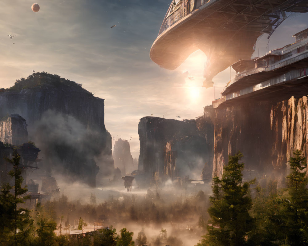 Futuristic cityscape with cliffs, misty valleys, and advanced structure under setting sun.