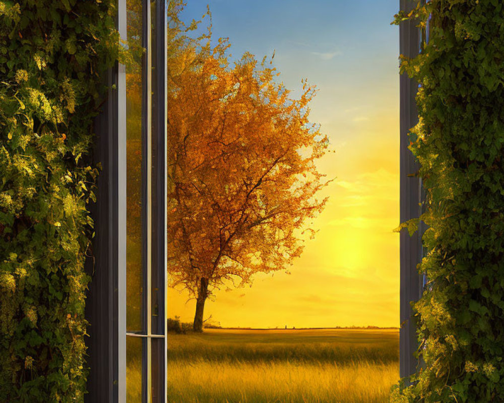 Window frame in hedge frames lone tree in golden field at sunset