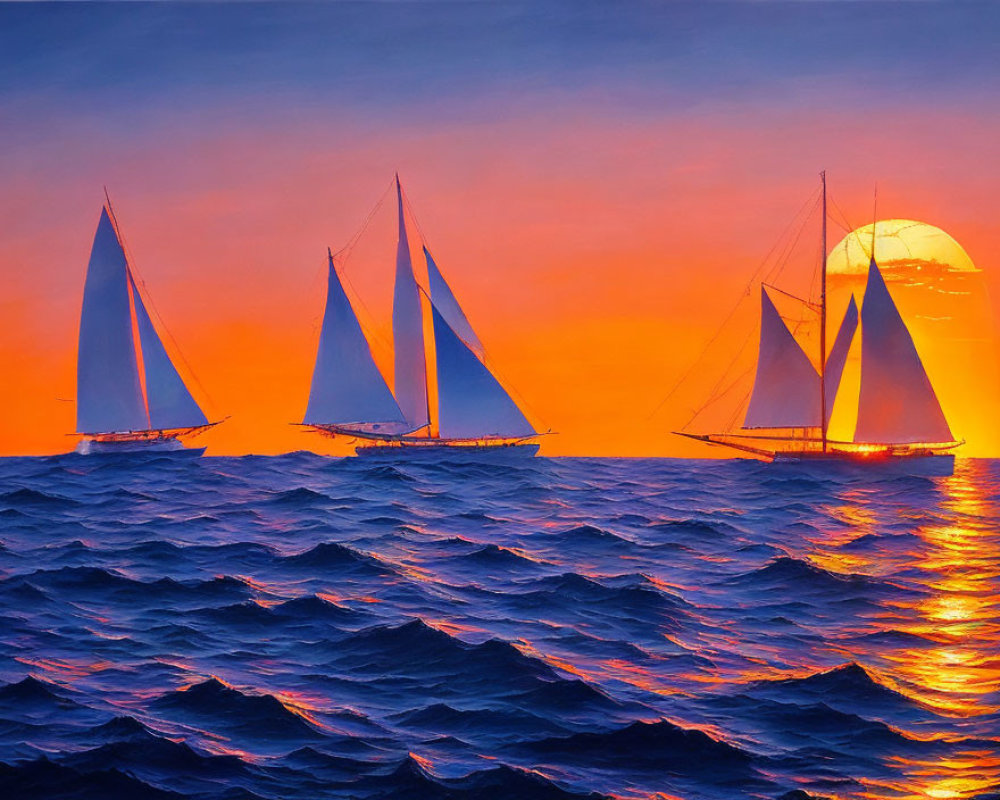 Sunset seascape with four sailboats under orange sun