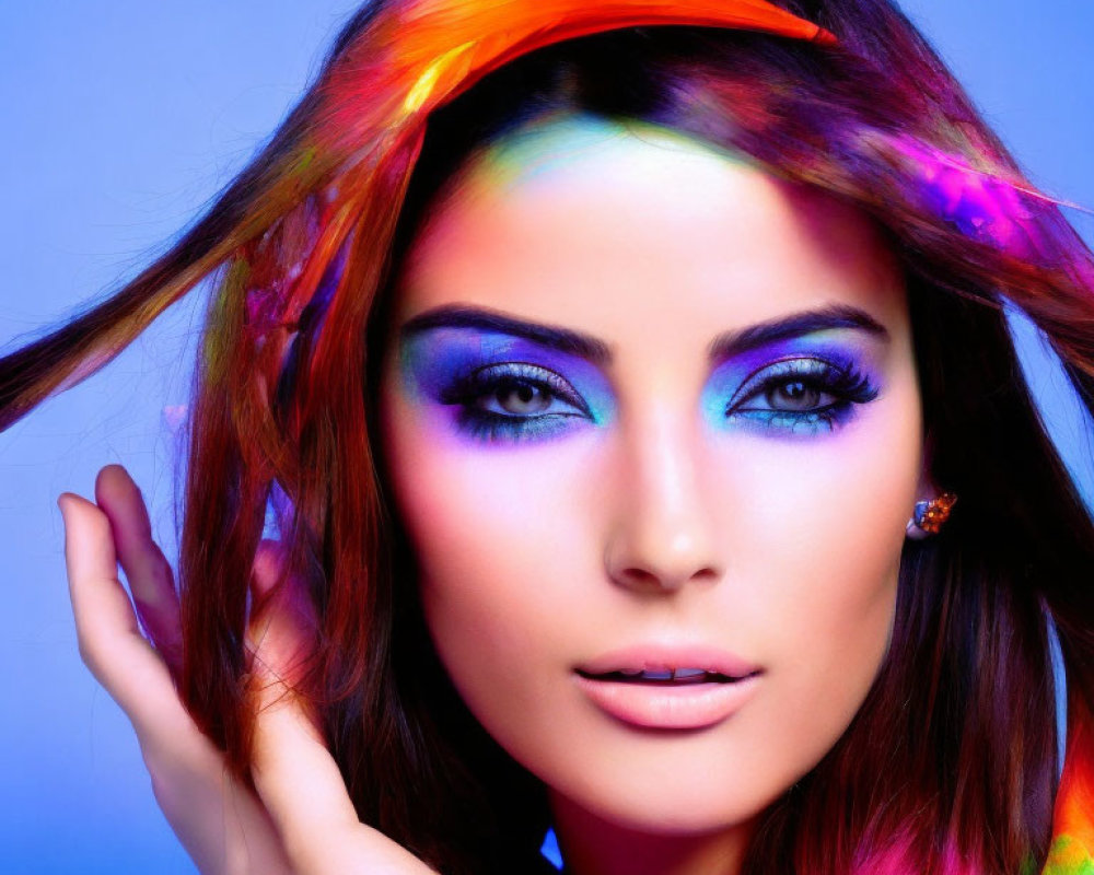 Colorful woman with rainbow hair and blue eyeshadow on blue background