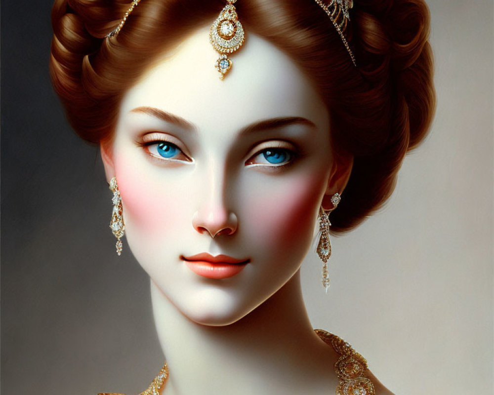 Elegant woman with updo hairstyle and gold jewelry portrait