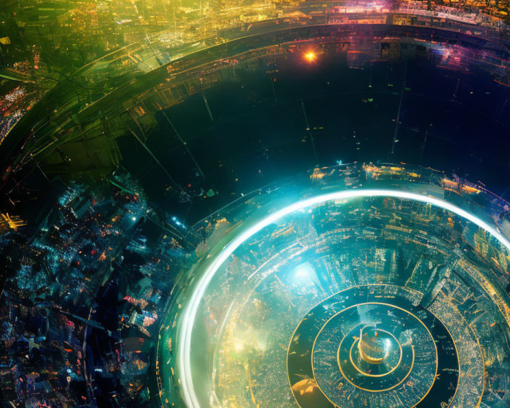 Futuristic night cityscape with glowing urban circles and neon lights