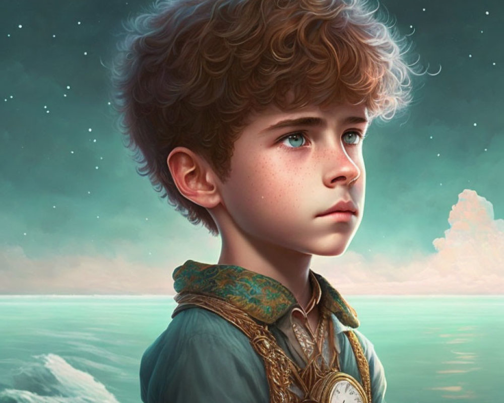 Young boy with curly hair and pocket watch in digital art against sea and starry sky