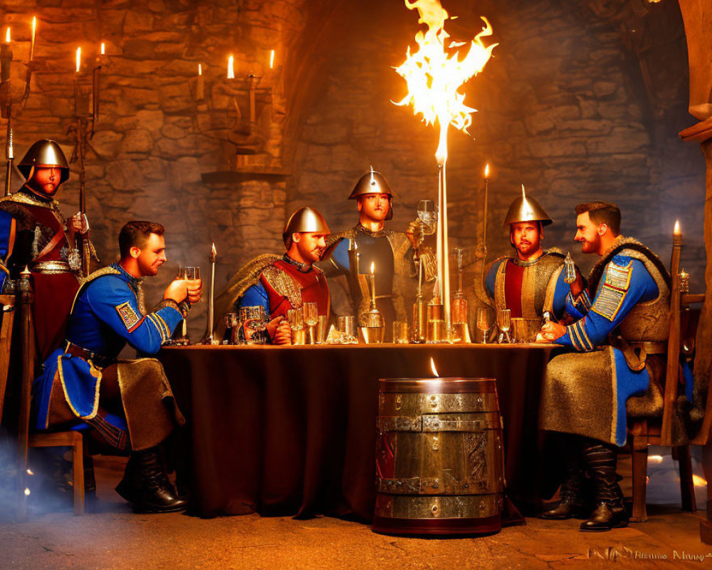 Medieval men in armor toasting around table with torch in stone room