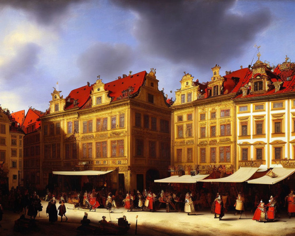 Baroque-style European square with vibrant red rooftops and bustling crowd