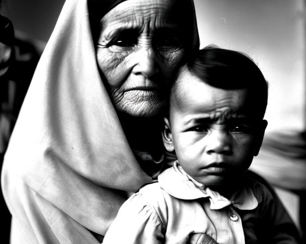 Elderly woman with headscarf holding young child with furrowed brow